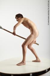 Nude Fighting with spear Man White Slim Short Brown Realistic